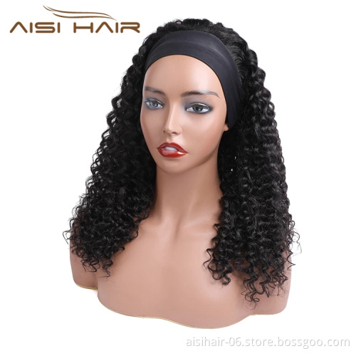 Wholesale Black 20 Inch Body Wave Cheap Black Women Raw Brazillian Real Human Hair Half Wigs With Ice Silk Headband Clipin Curly